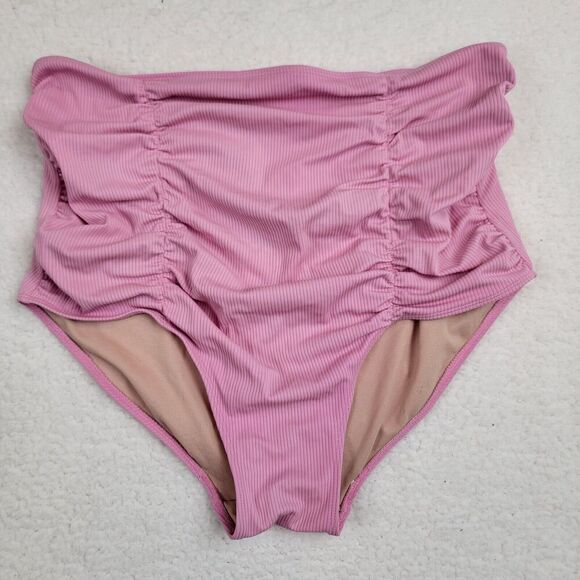 KORTNI JEANE High Waisted Ruched Swim Bottoms WOMENS Large Ribbed Pink - Picture 1 of 7
